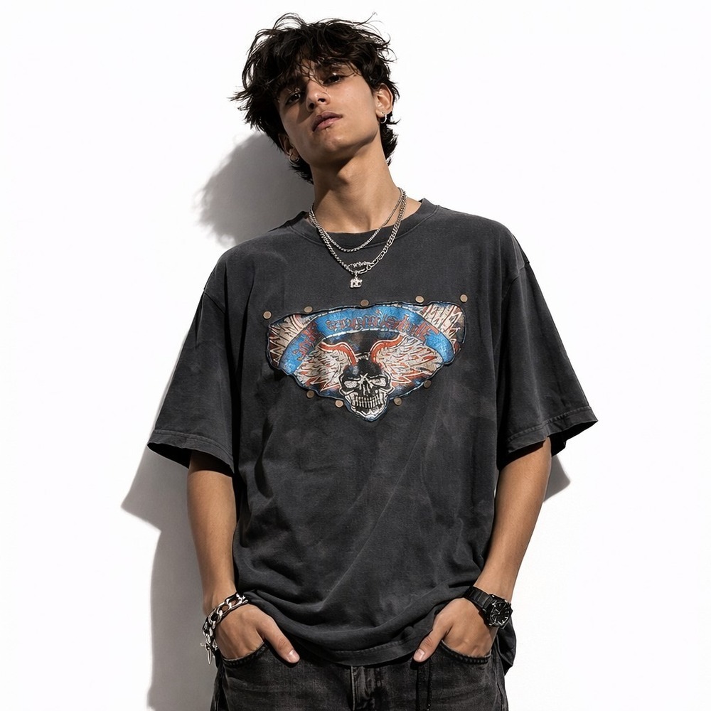 INKSLINGERS USA Blue Moe Graphic T-Shirt Sz 2XL Black Skull Wings Flames Grunge